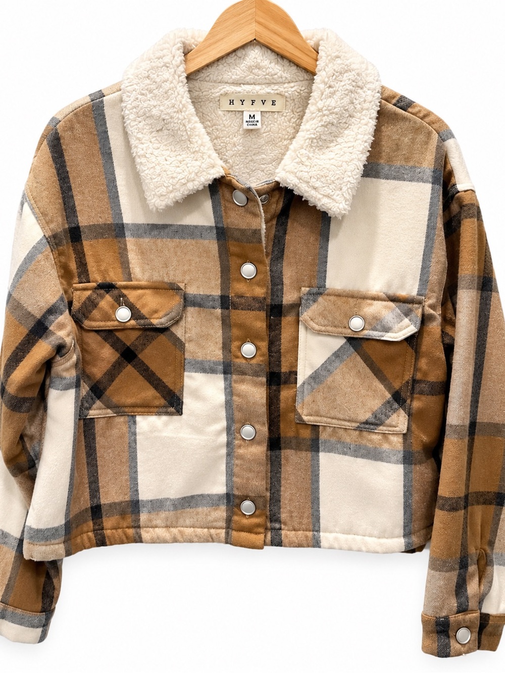 HYFVE M Brown Cream Plaid Sherpa Lined Cropped Shacket Jacket